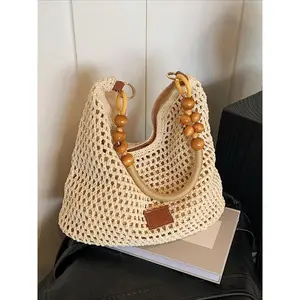 Women's Casual Boho Handmade Crochet Crossbody Bag - Natural Woven Purse with Wooden Bead, Plastic & Stainless Steel Accents, Lightweight Shoulder Option for Travel, Shopping