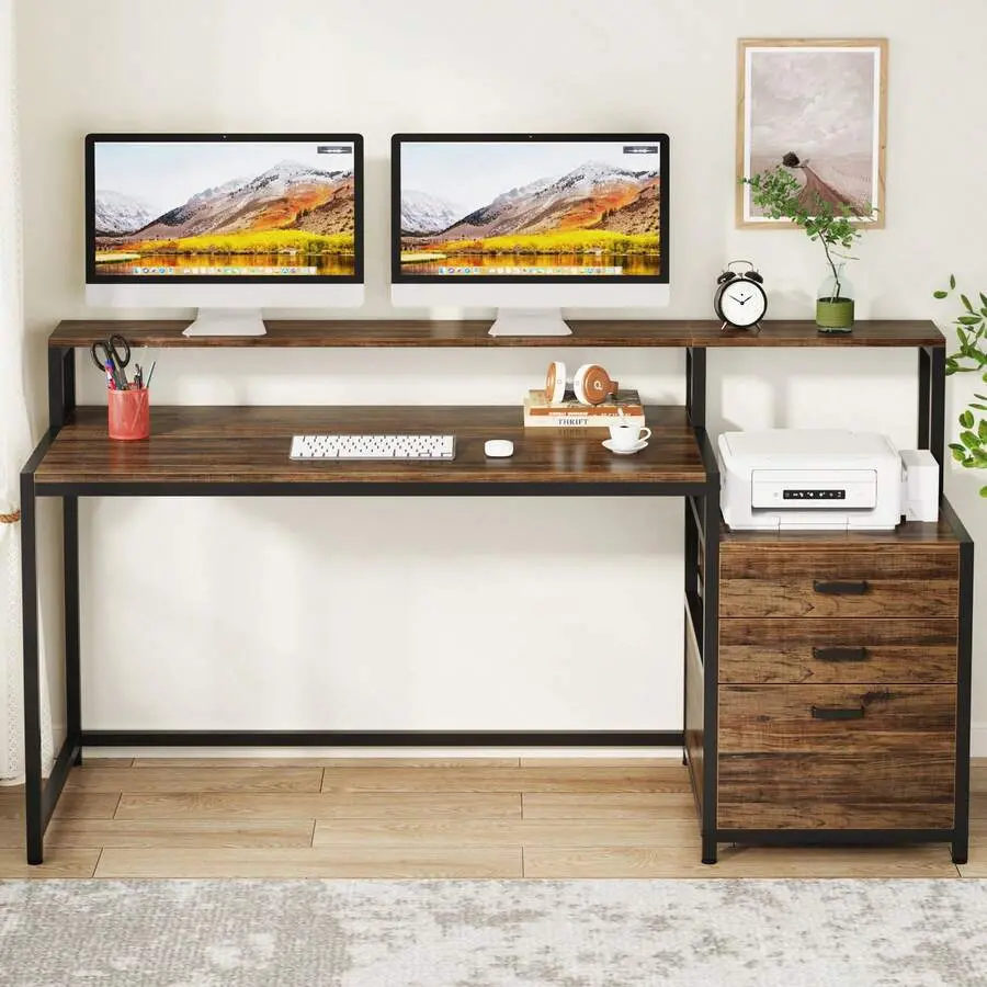 63 Inch Wood Computer Desk Workstation With File Drawer Cabinet, Ergonomic Office Desk W/ Monitor Stand, Industrial PC Table With Printer Space Home Office