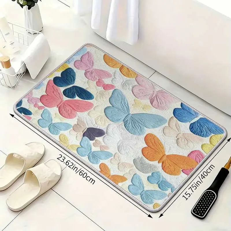 Colorful Butterfly Entryway Mat, Ultra-Fine Fiber Non-Slip, Quick-Dry Sponge Bottom, Kitchen Bathroom Door Mat, Durable Decorative Rug