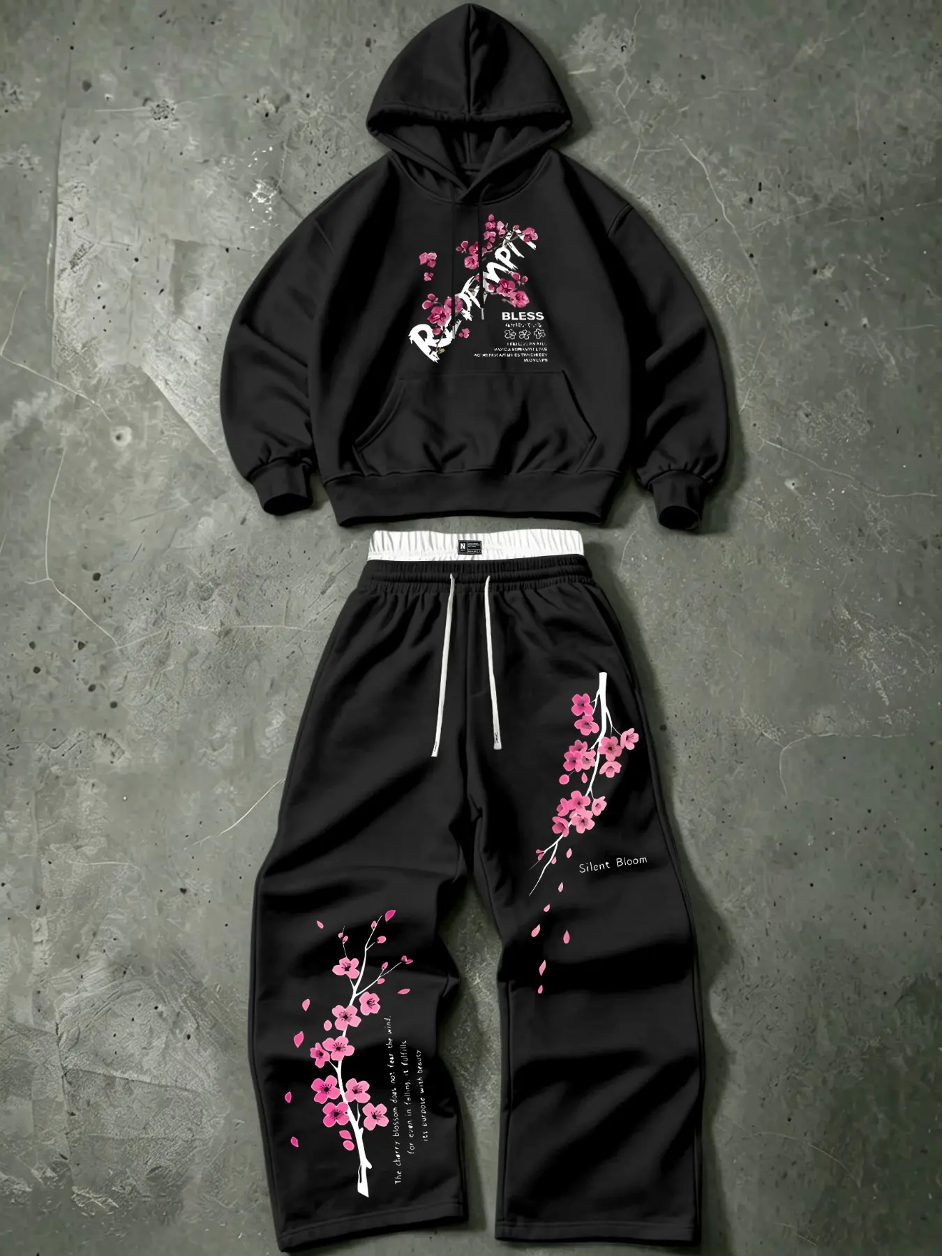 Cherry Blossom Floral Print Hoodie Set, Loose Fit Drop Shoulder Sweatshirt + Wide Leg Pants, American Street Style Streetwear Casual Sportswear