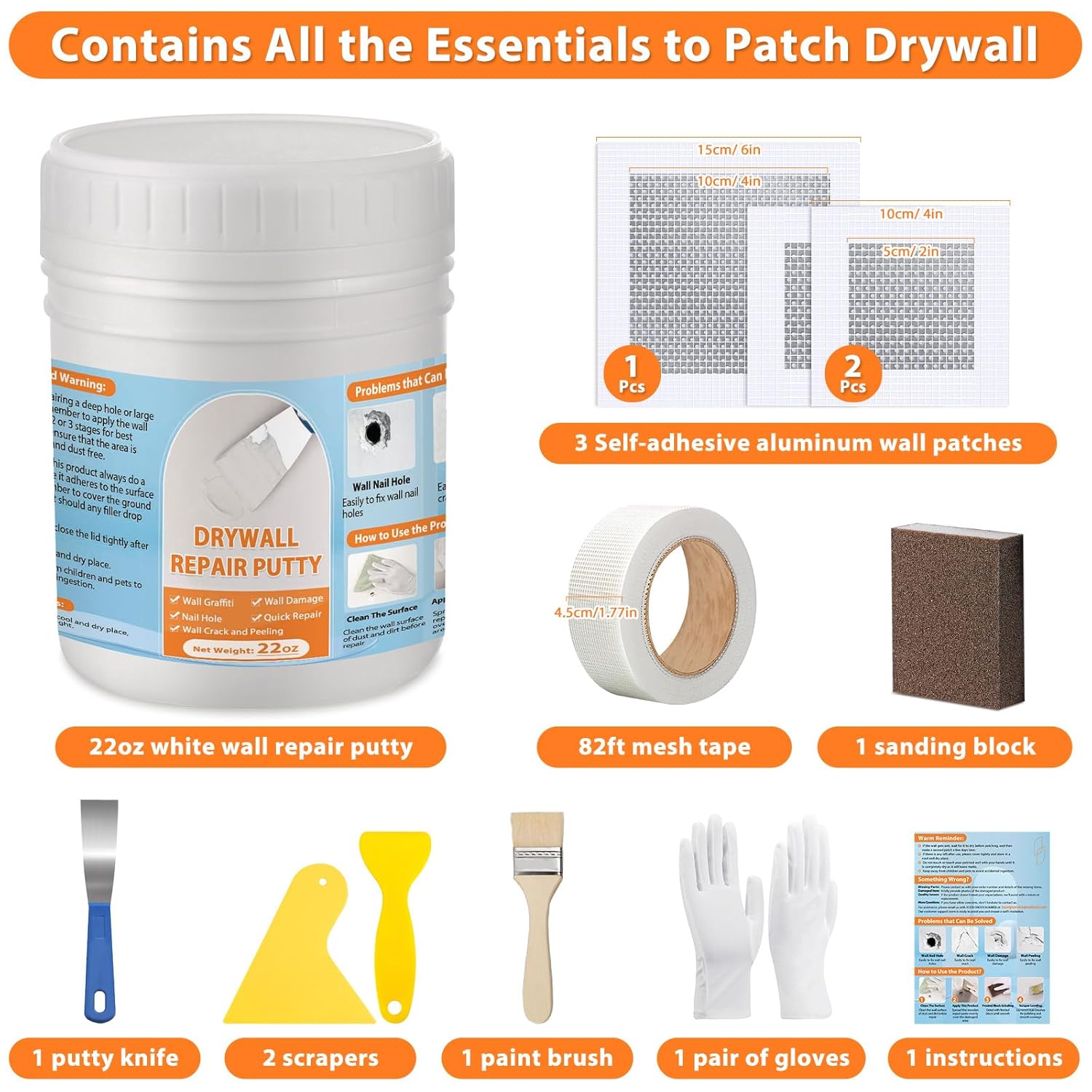 Dry Wall Patch Repair Kit, 22OZ Spackle Wall Repair Paste White Putty with Scraper Mesh Tape, Drywall Hole Repair Patch Kits for Wall Surface Fill Quick & Sheetrock Ceiling Crack  Mending