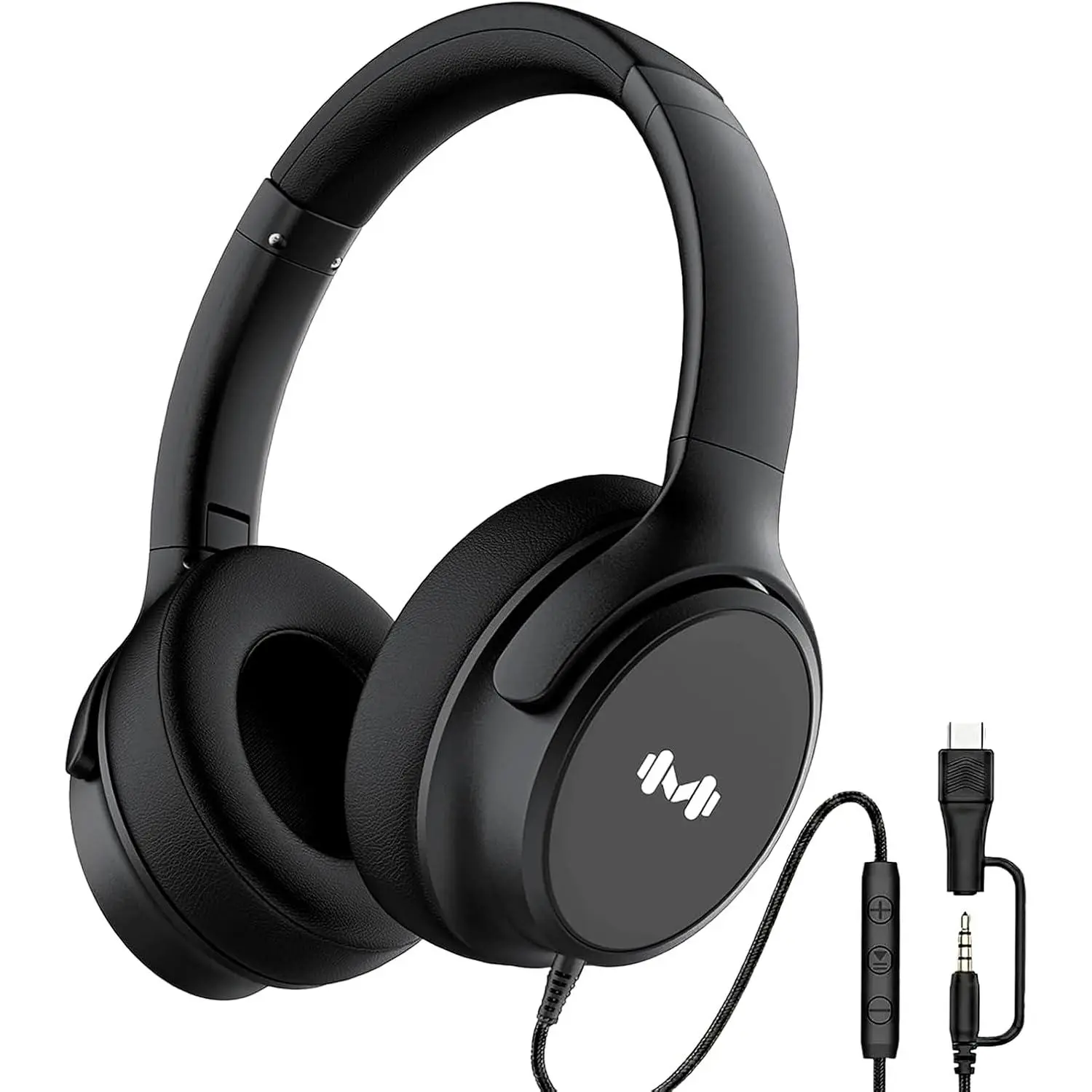 Wired Over-Ear Headphones, Mic, 3.5mm, USB-C Adapter, Black | Over-ear comfort with inline mic, volume control, 3.5mm jack, and USB-C adapter for phones, laptops, PCs, and tablets.