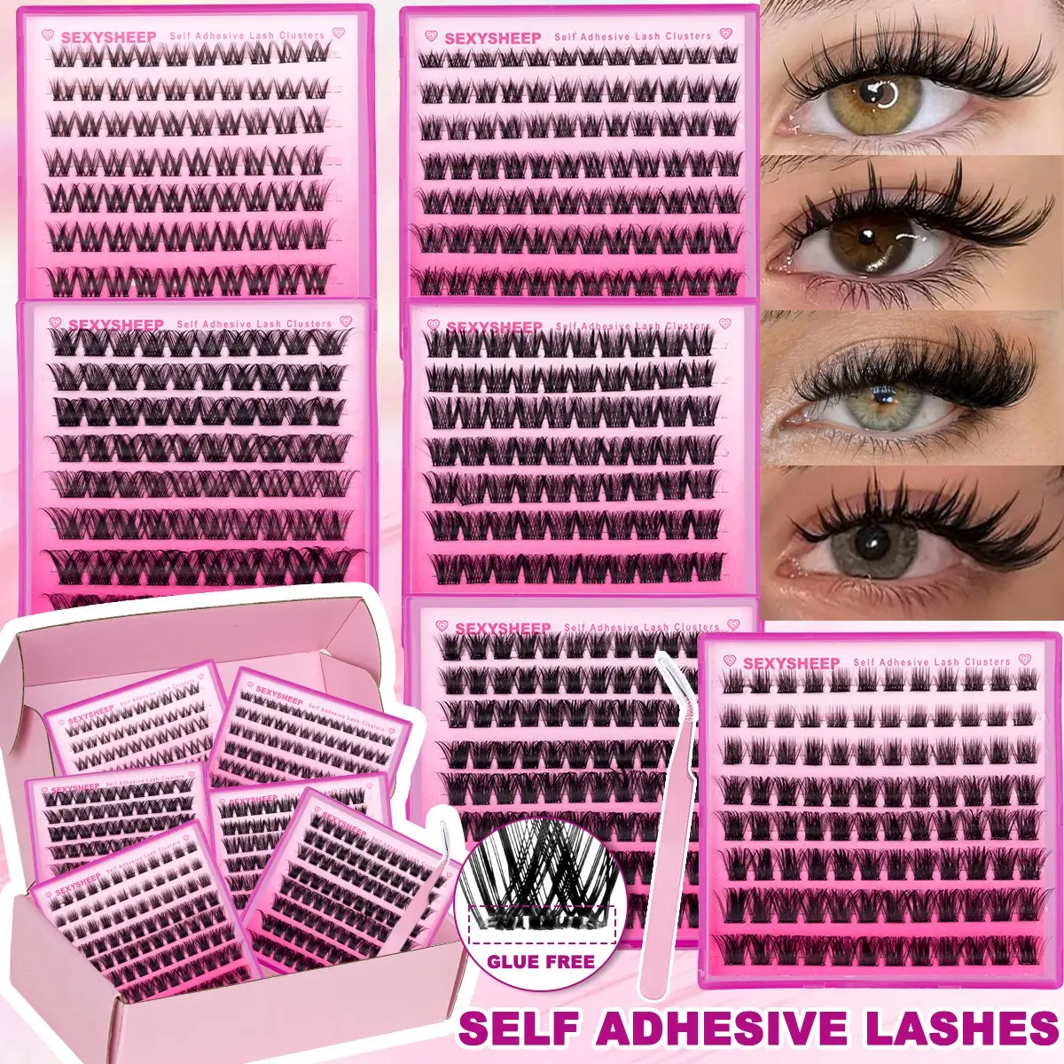 One Step Self-Adhesive Eyelashes, Wispy & Dense Lash Clusters 8-16mm, No Glue Press On Lashes for Beginners, Soft Wispy Lashes