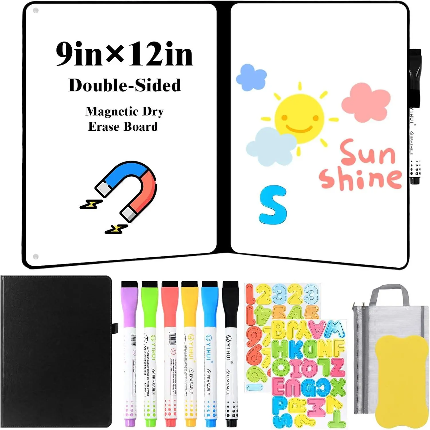Double-Sided  Dry Erase Notebook, 9 x 12in Portable White Boards Dry Erase, Foldable Whiteboard  Notebook, Dry-Erase Notebooks with 6 Dry-Erase Pens, School, Office, Meetings