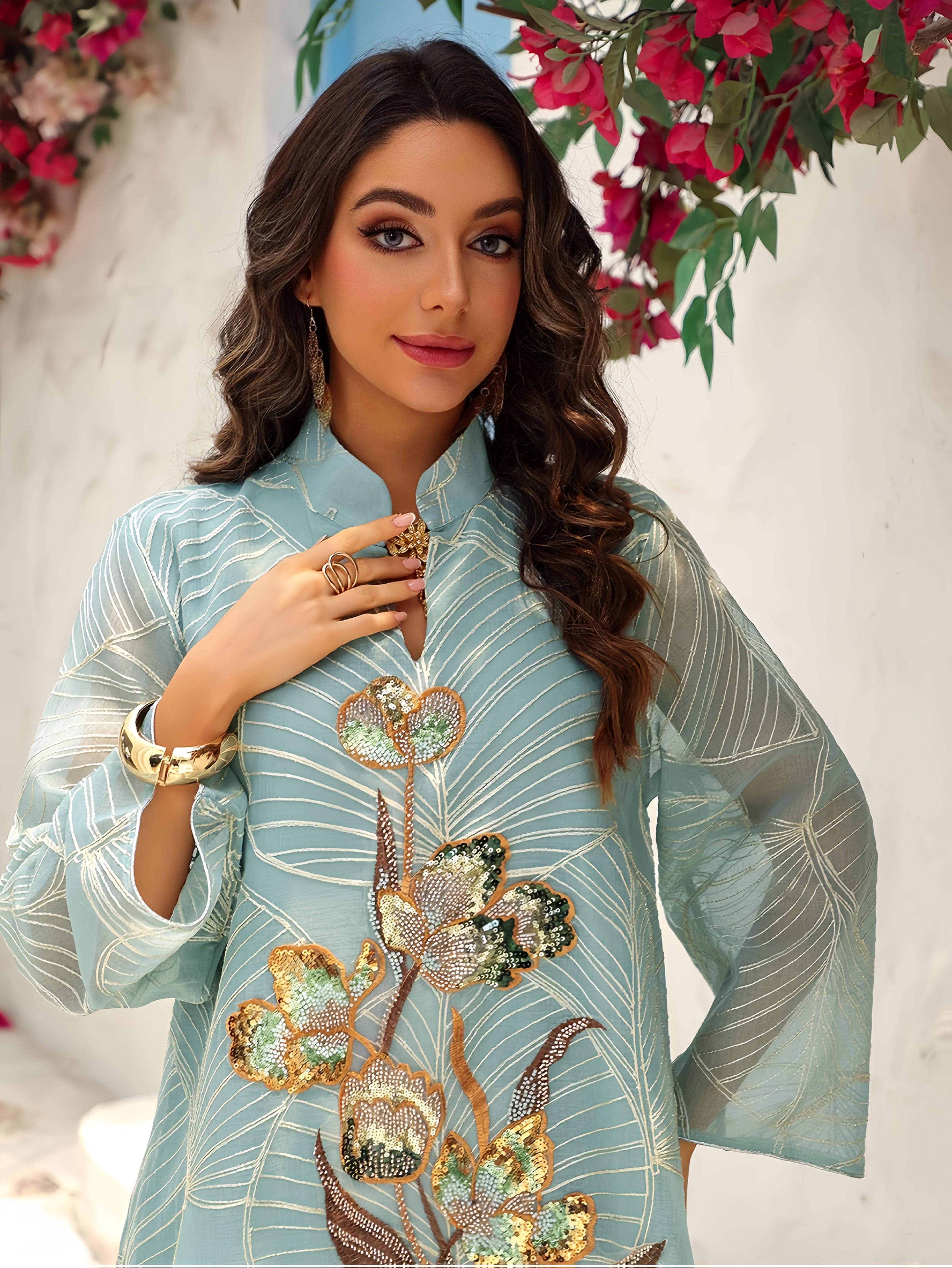 1pc Women's Jalabaya Abaya Gown - Elegant Dubai Party Dress with Floral embroidery, Long Formalrobe for Wedding, Gala, Ramadan - Non-Stretchy Muslim Formal Attire, Galaxy Event Wear, Intricate Embroidery