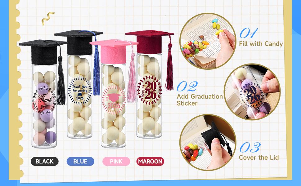 25 Pcs Graduation Candy Tubes 2026 Graduation Party Favors Candy Boxes Plastic Grad Cap Jars Container with Tassels and Stickers for DIY Grad Table Party Favors (Blue)