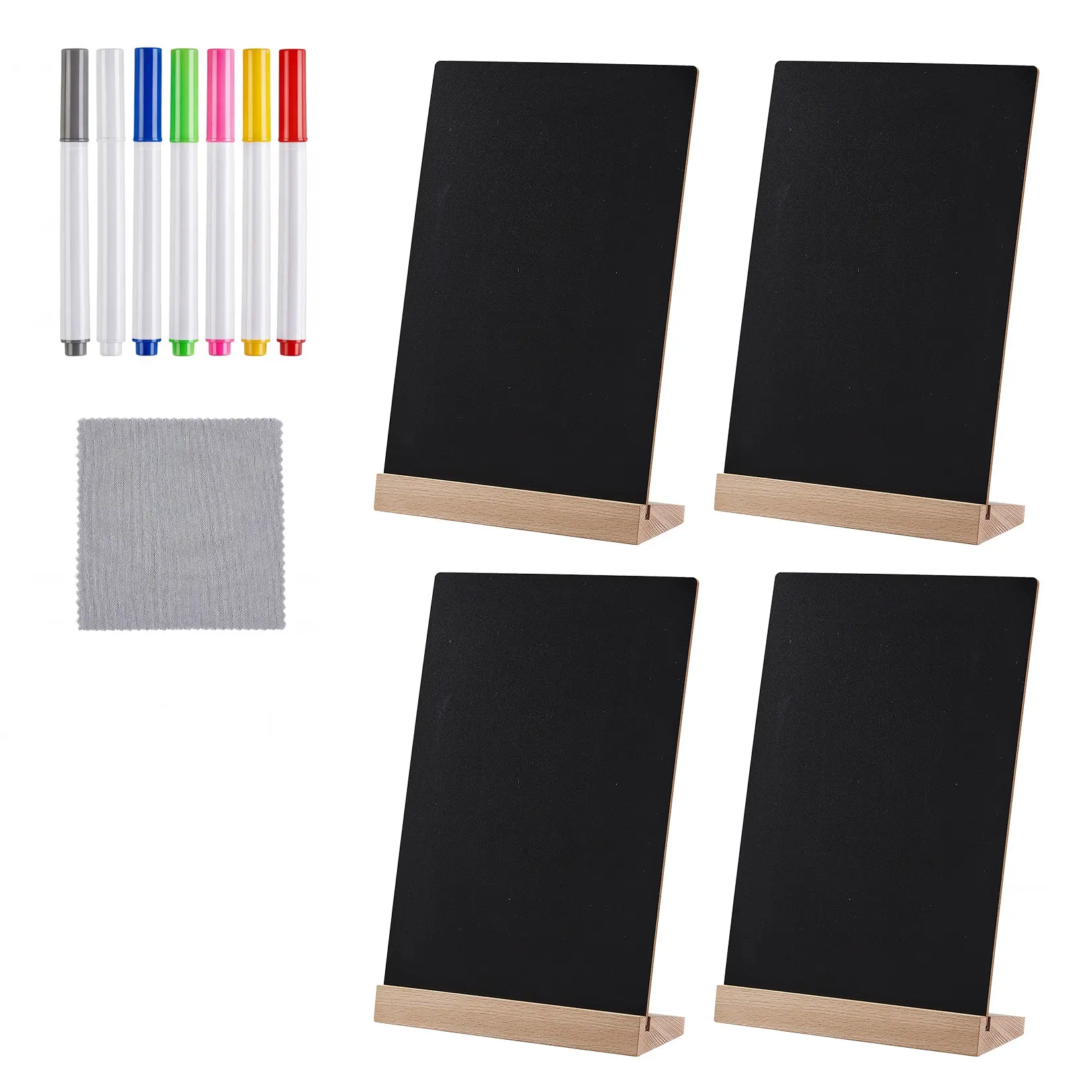 4-Pack A4 Tabletop Chalkboard Signs with Wooden Stand - Double-Sided Mini Blackboard Message/Menu Boards, Reusable Countertop Display