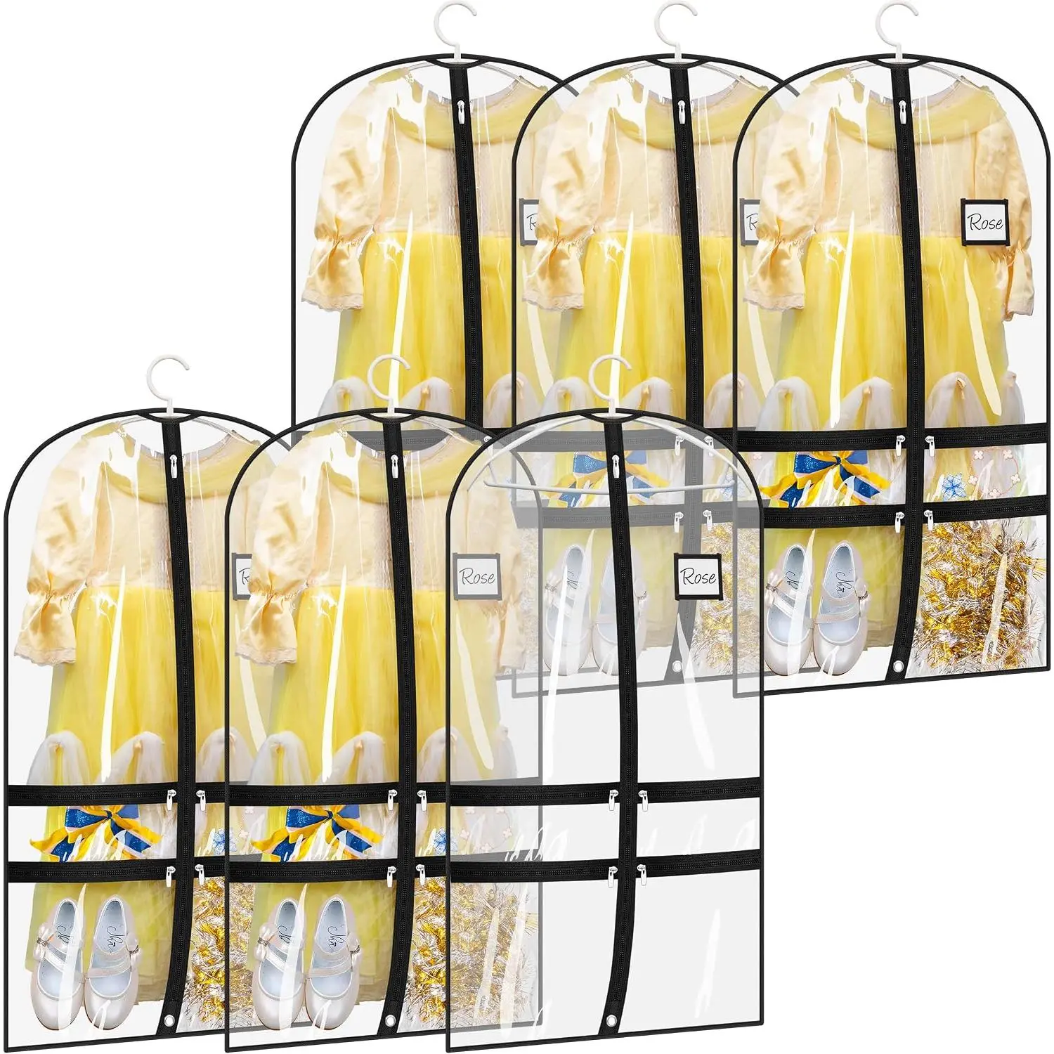 6 Packs Clear Dance Garment Bags for Dancers with 4 Pockets, 40" Kids Dance Costume Garment Bag for Travel and Dance Competition, Hanging Clothes Storage for Dress, Uniform, Black