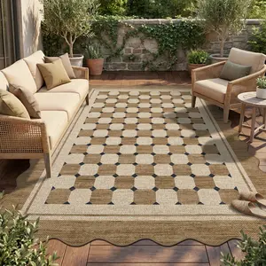 Scalloped Checkered Jute Area Rug - Easy-Clean, Geometric Farmhouse Rug for Living Room, Patio, Home Office
