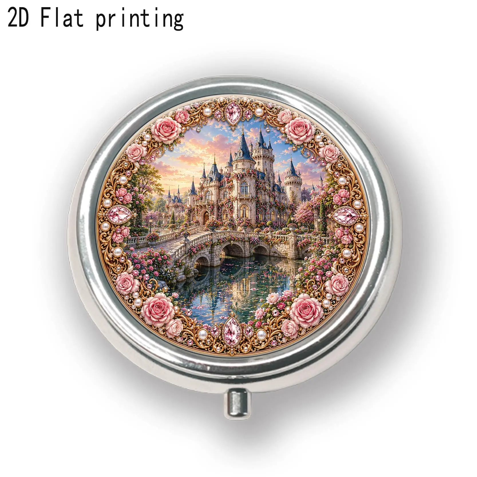 1pc Rose Gem Dream Castle Pattern Medicine Box, Round Three-Compartment Storage, Portable for Home, School, Office, Outdoor Travel