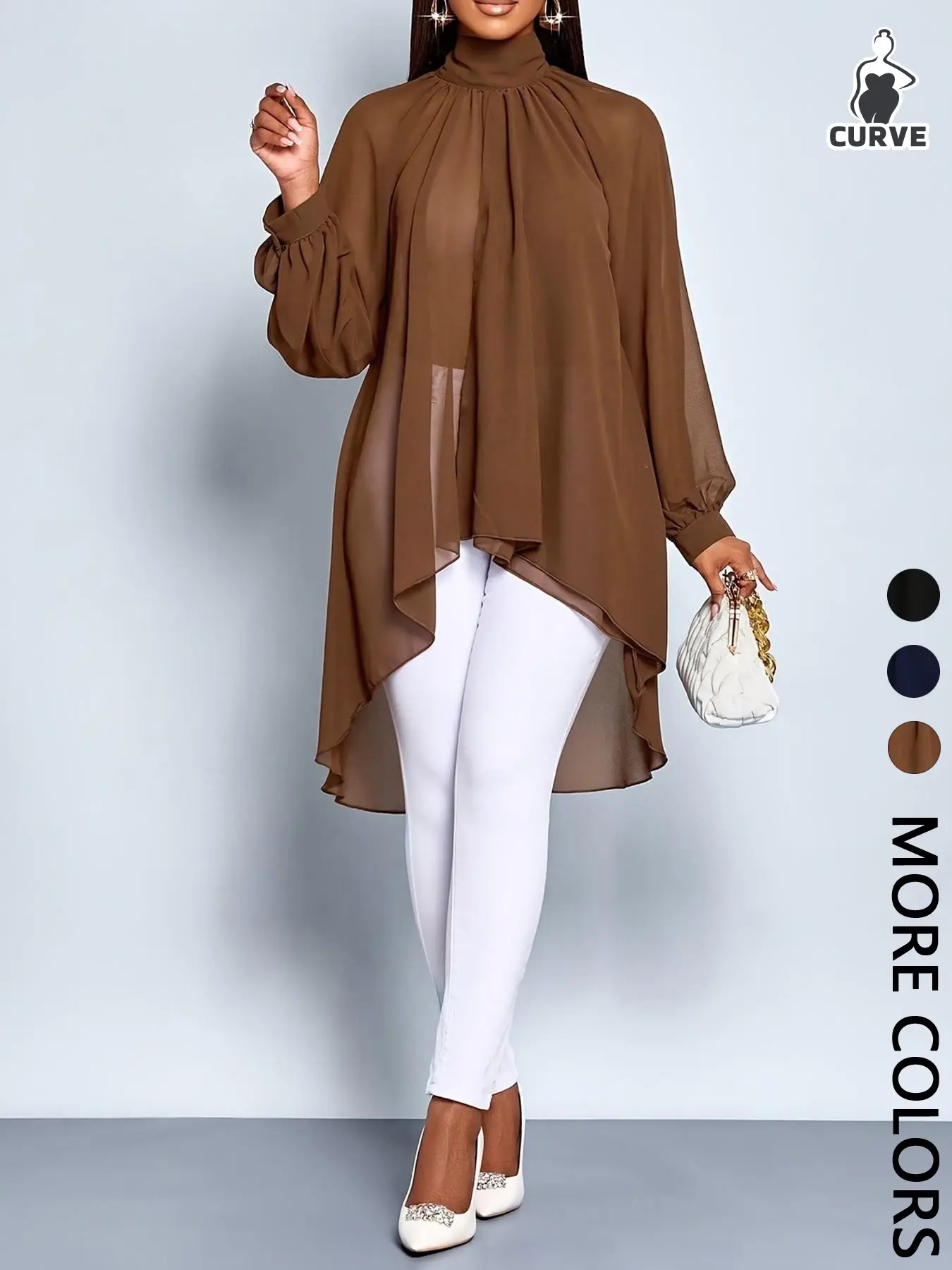 Plus Size Women's Shirt, Flowy Casual Vacation Style, Sheer Mesh Top, Long Sleeve, Loose Fit, All Seasons, Plain Surface