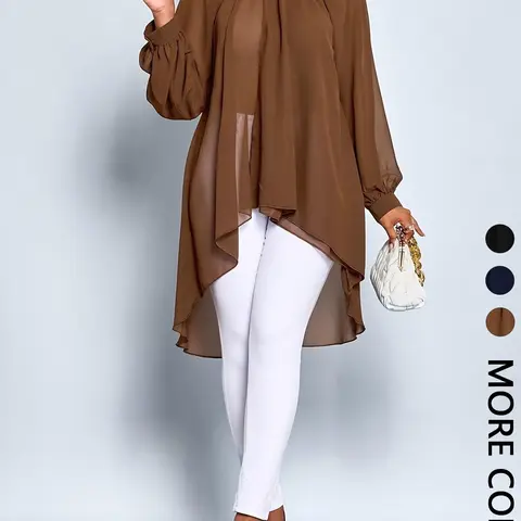 Plus Size Women's Sheer Mesh Blouses Shirt Casual Vacation Style, Long Sleeve Loose Fit Solid Color Top