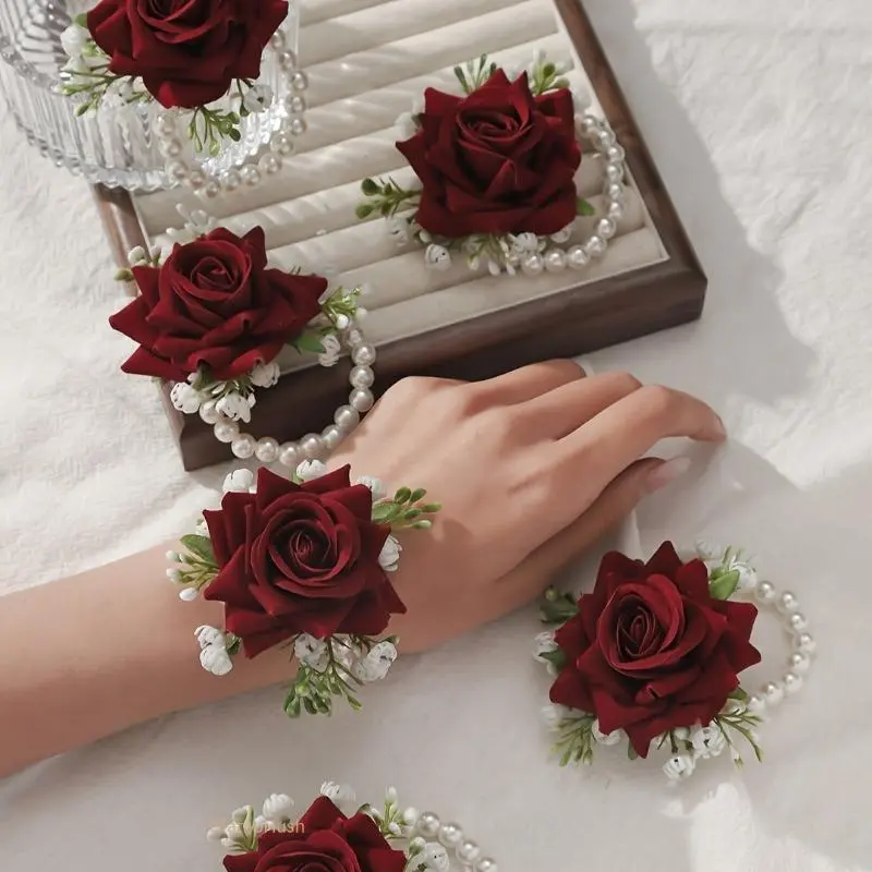 6Pcs Rose & Gypsophila Wrist Corsage, Luxury Chain Wrist Flowers for Bride Bridesmaid Mom Mother-in-Law, Elegant Wedding Party Wrist Decor