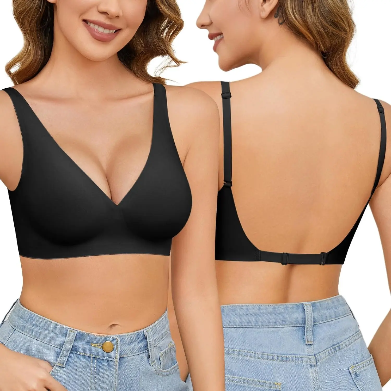 Seamless Low Back Bra Wireless Padded Bralette Thin Straps V Neck Halter Backless Cross Multiway Convertible BrasGift