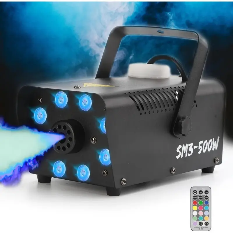 Mini Fogger with 500W Power, 13 Colorful Lights, 2500CFM Smoke Effect, Remote Control, Auto Mode, Fuse Protection, Iron Body, Portable for Indoor/Outdoor Party, Wedding Use, Both Indoor/Outdoor