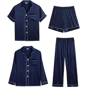 Mens Satin Silk Pajamas Set 3pcs Short Sleeve Sleepwear Silky Button Down Pjs Sets Classic Loungewear Nightwear