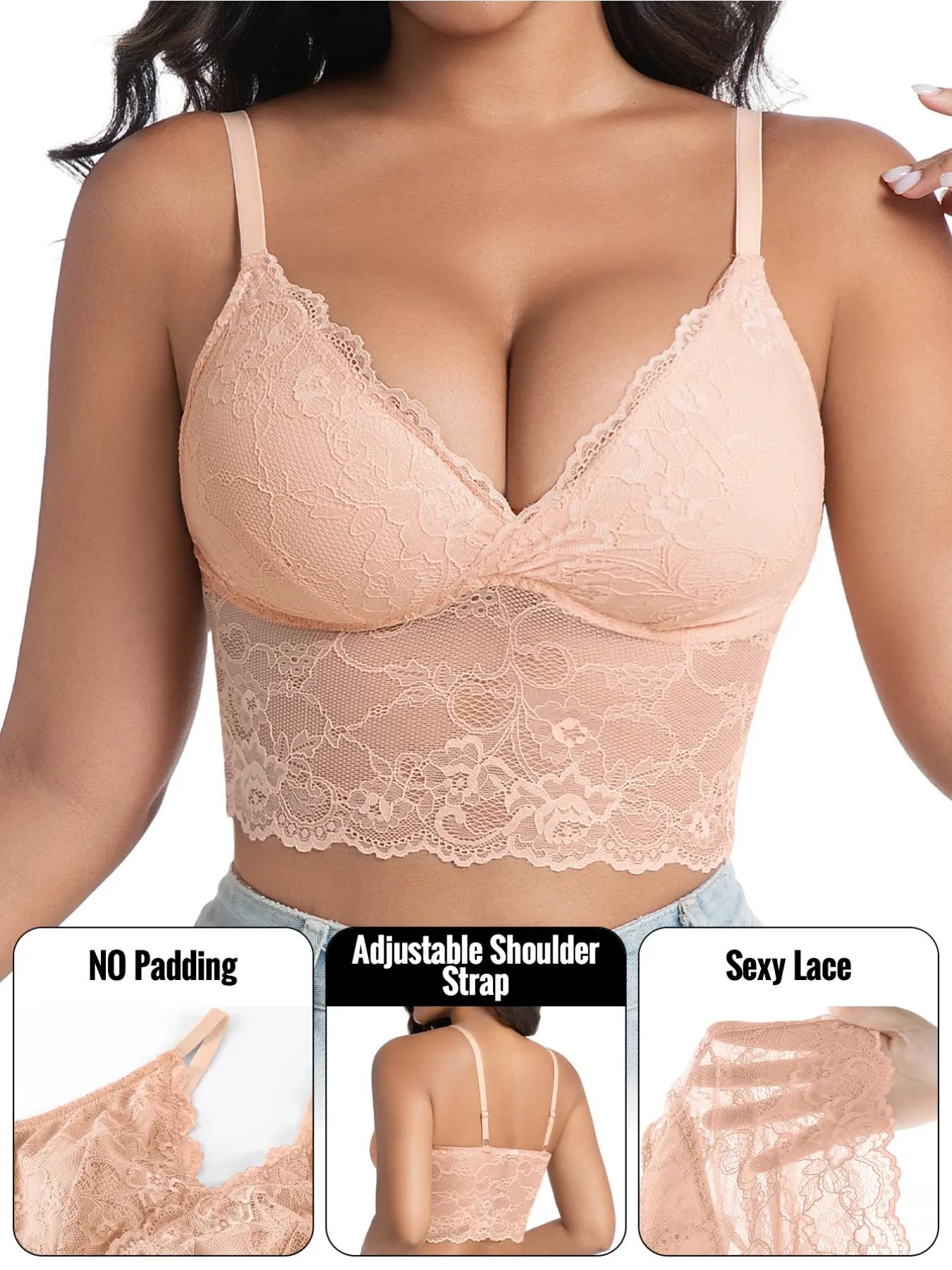 Women's Sexy Deep V Lace Bra, Sleeveless Fitted Top, Cute Strappy Bra, Trendy Underwear, Comfortable Sleepwear, All Seasons