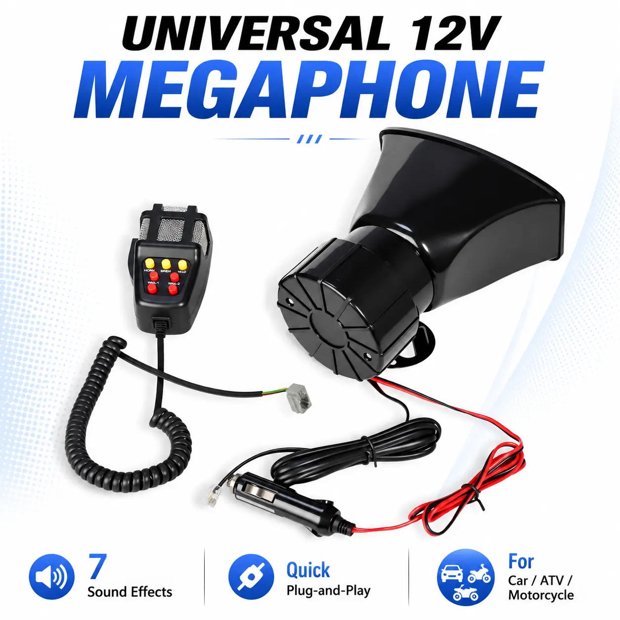 7-Sound 12V Car Megaphone System with Handheld Mic, Universal Plug-and-Play Vehicle Speaker for Cars, Trucks, Motorcycles, ATVs & Everyday Outdoor Communication