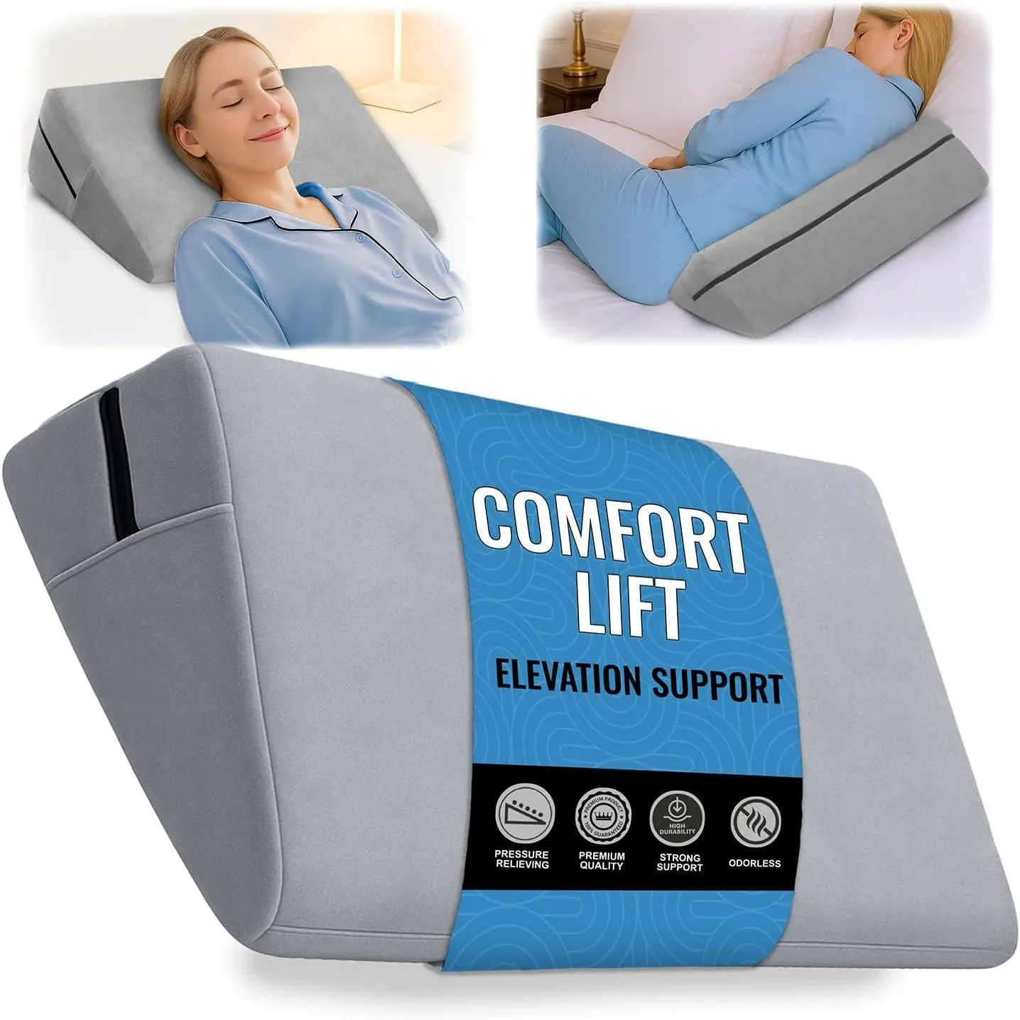 Bed Wedge Pillow for Sleep Apnea, GERD Acid Reflux Snoring Relief, Pregnancy Side Sleeper Pillow for Adults Seniors Neck Pain Back Sleeping, Leg Elevation Pillows for After Surgery, Grey