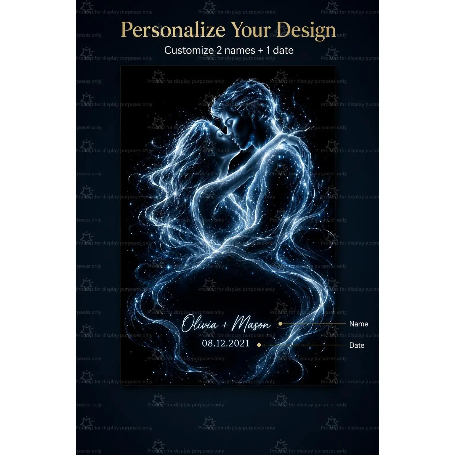 Custom Glowing Couple Canvas Poster Personalized 2 Names Date Print, Romantic Blue Light Love Wall Art, Anniversary Wedding Gift, Bedroom Living Room Decor, Aesthetic Poster Print, Custom Canvas Wall Decor