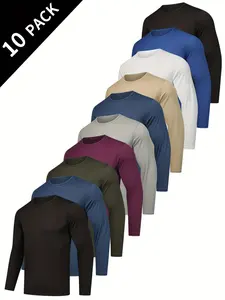 10 Pack Men's Quick-Dry Long Sleeve T-Shirts, Moisture-Wicking, Breathable, Casual Wear, Hiking, Daily Exercise, Multiple Colors