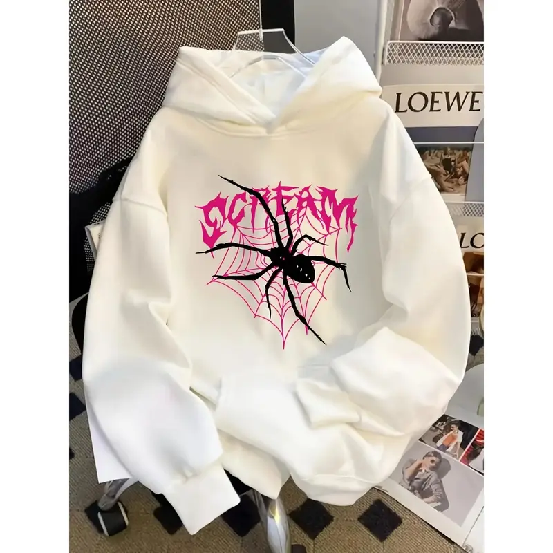 Pink Heart Spider Web Black Spider Gothic Y2K Oversized White Hoodie Soft Fleece Grunge Punk Women Pullover Sweatshirt