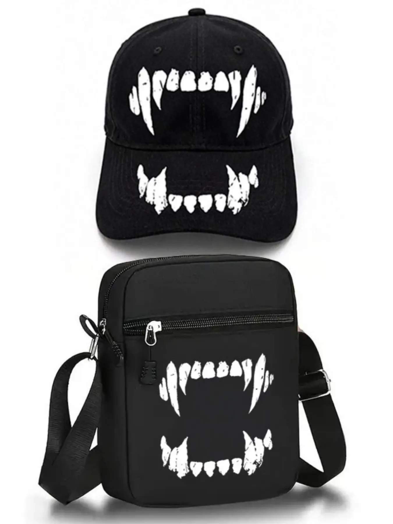 2pcs Devil Teeth Print Baseball Caps and Crossbody Bags, Adjustable Street Fashion Outdoor Sports Hats, Perfect for Daily Wear and Gifts, Graphic Hat
