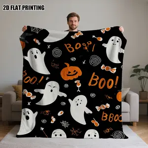 One 2D printed Halloween blanket featuring designs of ghosts, pumpkins, and candy. A perfect Mother's Day gift, and also suitable as a Christmas and Thanksgiving present. Can be used on beds, sofas, and chairs.