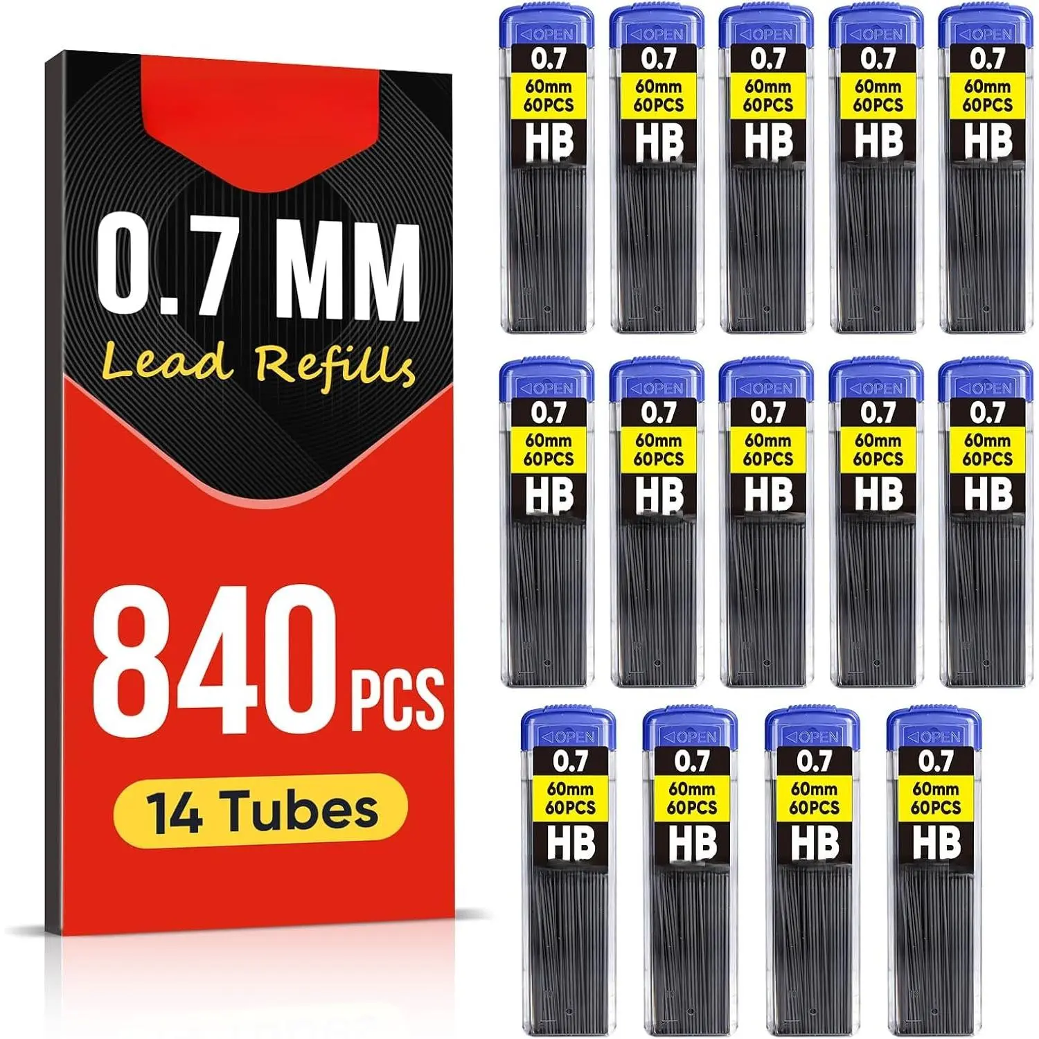 840 count 0.7mm HB Mechanical Pencil Lead Refills, Break Resistant | Break-resistant black pencil leads, 14 tubes with 60 count each