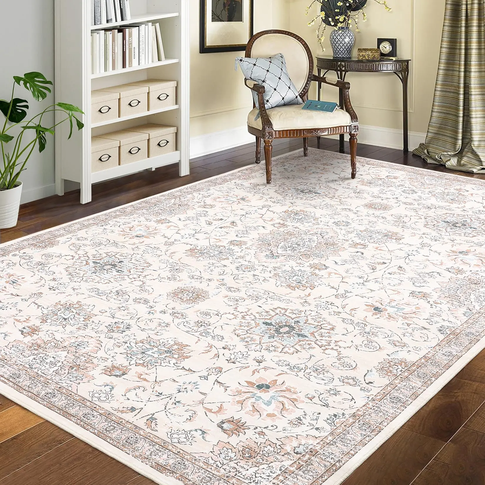GARVEEWashable Area Rugs in Various Sizes (5x7 to 10x13) Featuring Boho Vintage Distressed Oriental Design, Low Pile, Soft, Non-Slip, Neutral Tones in Beige and Dusty Blue for Living Room, Bedroom, Office, Nursery