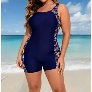Women's Plus Size Navy Blue Printed 1-Piece Swimsuit 2026 Summer - 1XL, 4XL, Elastane, Colorblock Side, Modest Tummy Control, Slimming Curve-Hugging Sporty Chic Essential Sports Swimwear