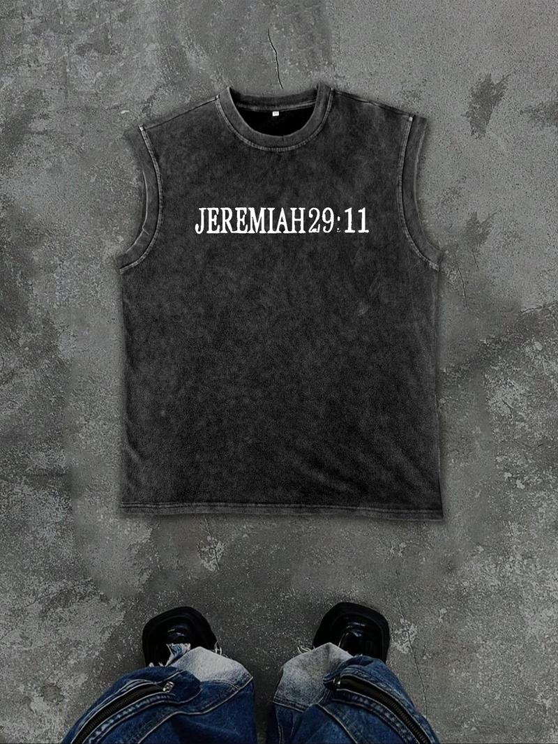 Men's Vintage Graphic Print Round Neck Tank Top, Regular Fit Casual Sleeveless Printed Crew Neck Top for Summer, Men's Clothes for Daily Wear, Socks