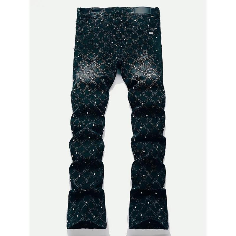 Y2K Men's Shiny Rhinestone Embellished Stretch Slim-Fit Jeans, Casual Street Style Hip-Hop Skateboarding Rap Pants, Machine Washable - All-Season Wear