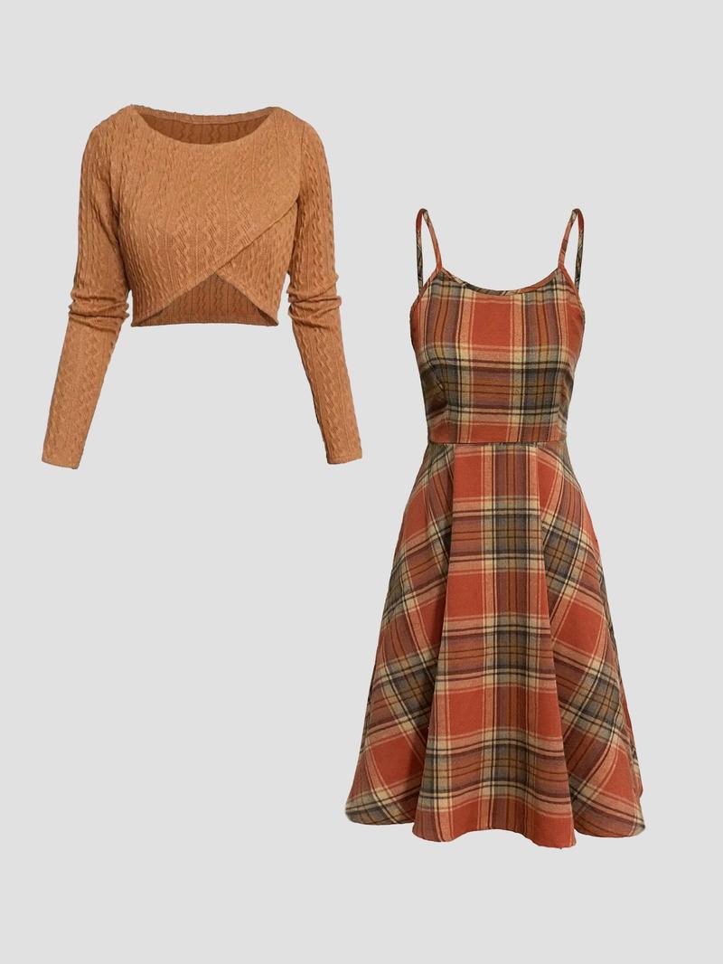 Women's Solid Wrap Hem Round Neck Textured Long Sleeve Crop Top & Plaid Print A-Line Dress Set, Preppy Fashion Cozy Skirt Set for Daily School Outdoor Wear, Women's Clothing for Spring Fall