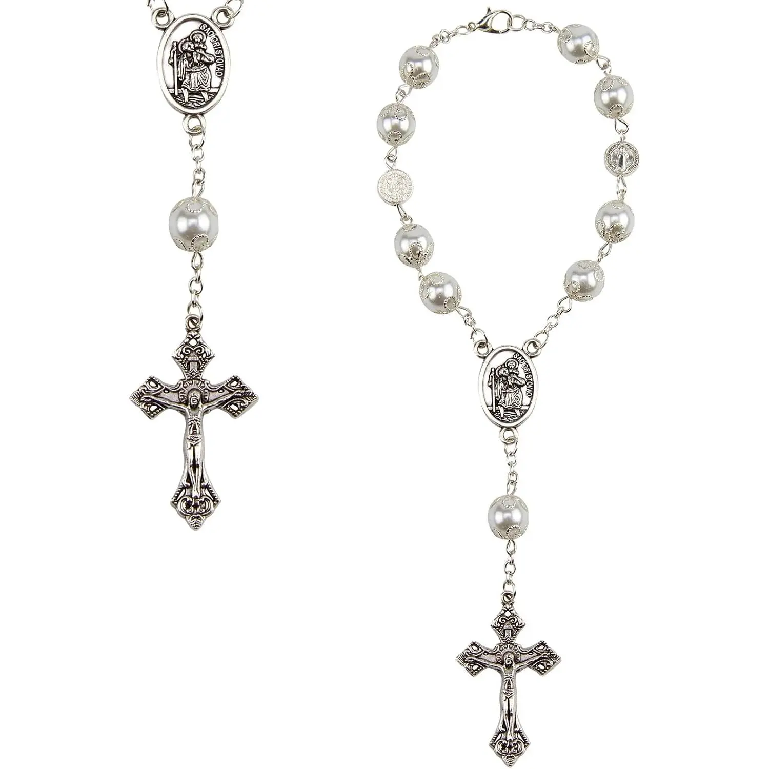 Pre-Assembled Car Interior Rosary Charm - White Glass Prayer Beads, Spiritual Aid for Rearview Mirror & Steering Wheel, Religious Decor Accessory