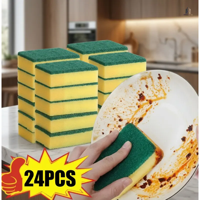 24Pcs Yellow-Green Kitchen Sponges - Scratchproof, High Absorbency Cleaning Tools with Strong Water Absorption, Durable Multifunctional Scouring Pads for Household Kitchen Daily Washing, Household Items