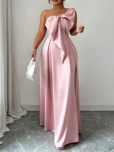 Elegant One-Shoulder Dress with Large Bow, Slimming Long Dress for Weddings, Evening Events, Annual Meetings, Sweet and Gentle Design