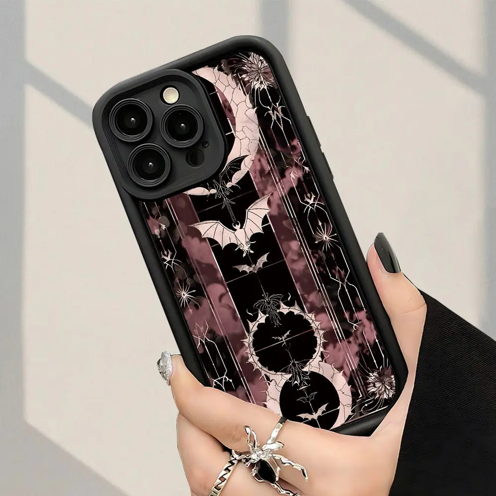 Mobile phone case: Gothic style bat and moon complicated pattern mobile phone case, fashionable and popular shock-proof fingerprint all-inclusive thickened protective soft case, suitable for iPhone 7/8/11/12/13/14/15/16/17/Air/Pro/P