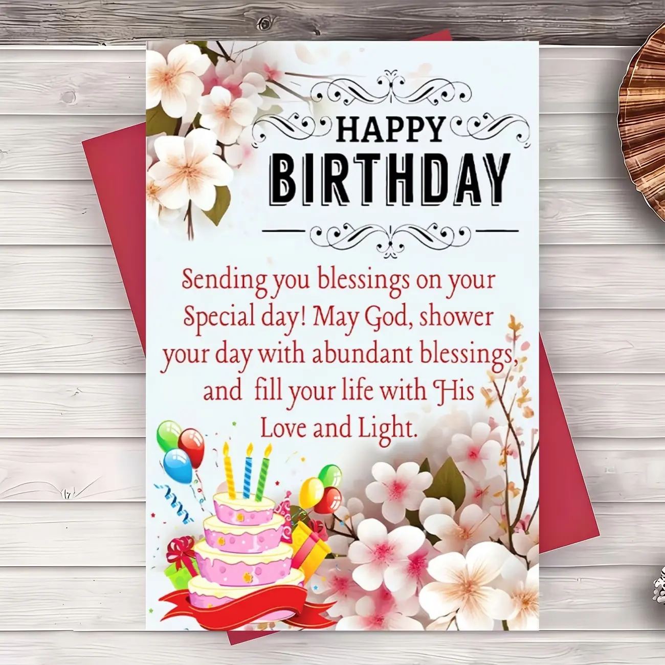 Religious Blessing Floral Birthday Greeting Card, Watercolor Cherry Blossom & Cake Design, Faith-Based Celebration Card with Envelope