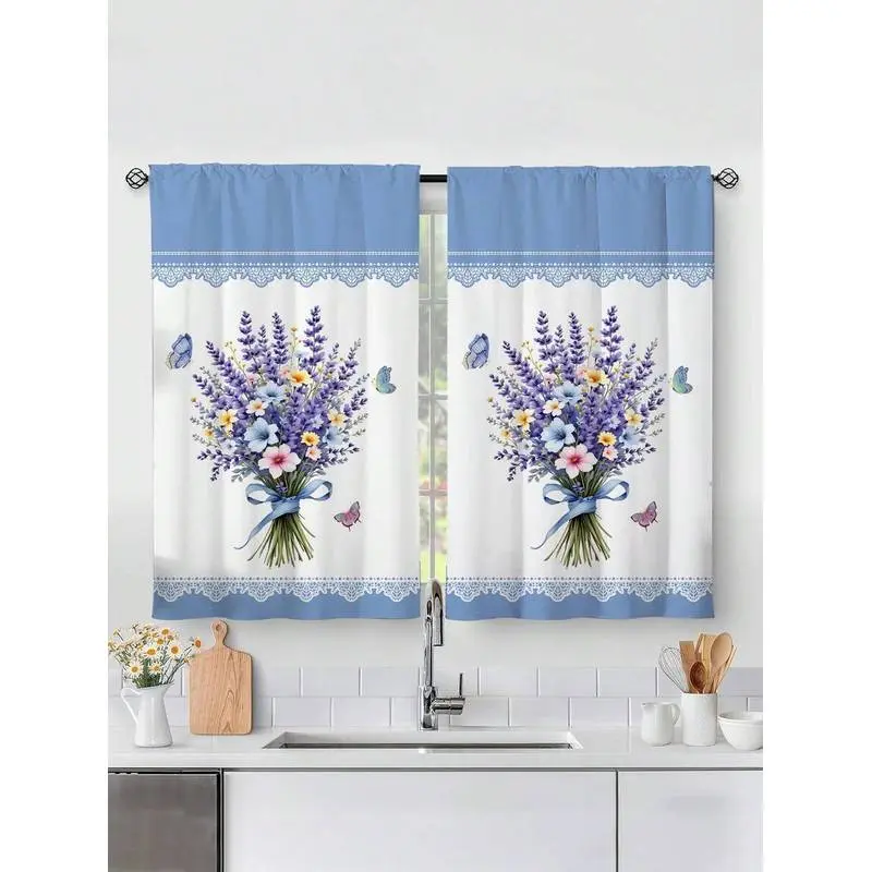 2pcs Romantic Butterfly Motif Flower Bouquet Short Curtains - Hole-Free, Polyester, Semi-Sheer Look, Romantic Theme, for Bedroom & Living Room Home Decor, Flowers