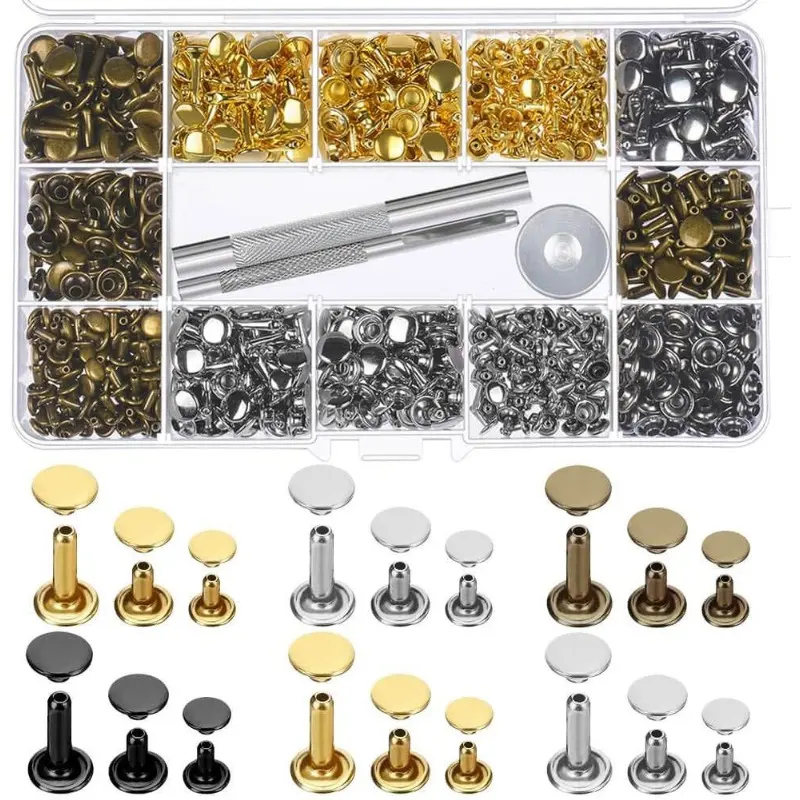 180 Sets Double Cap Metal Rivets, 4 Colors 3 Sizes DIY Leather Decorative Studs, Double-sided Rivets for Clothes, Shoes, Hats & Bags, Complete Punch Installation Tools, Storage Box Leather Craft Hardware Supplies