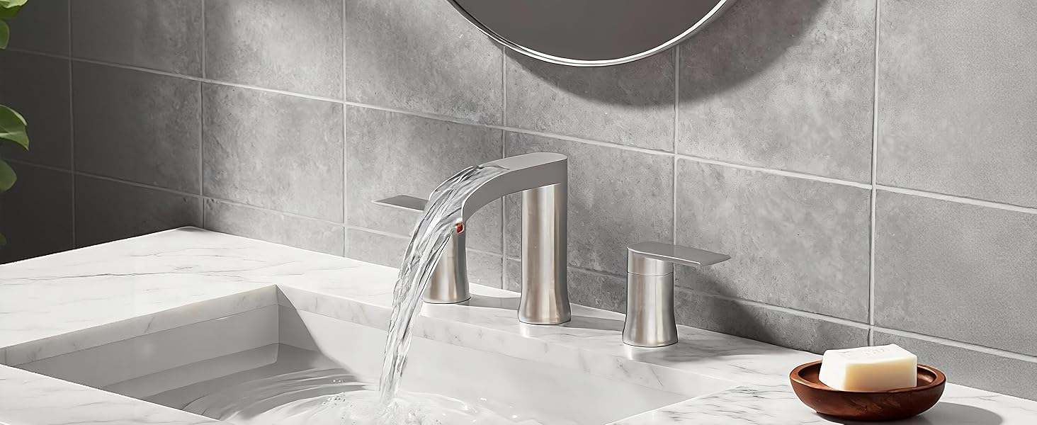 SSREEZNX Waterfall Faucets Brushed Nickel, Sink Faucet 3 Hole, Widespread Sink Faucet with Pop-up Drain and Line for SSREEZNX Waterfall Faucets Brushed Nickel, Sink Faucet 3 Hole, Widespread Sink Faucet with Pop-up Drain and Line for
