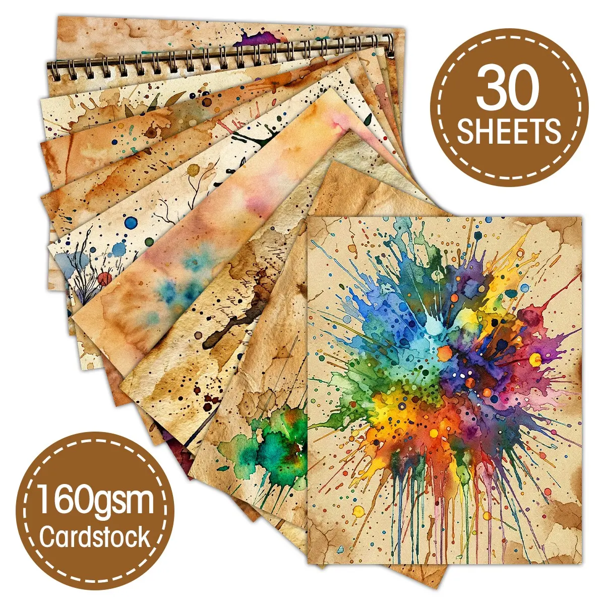 30 Sheets Vintage Texture Notebook Paper Set, 10 Abstract Ink Designs, Watercolor Textured Scrapbook Papers, Bullet Journal & Card Making Decorative Paper