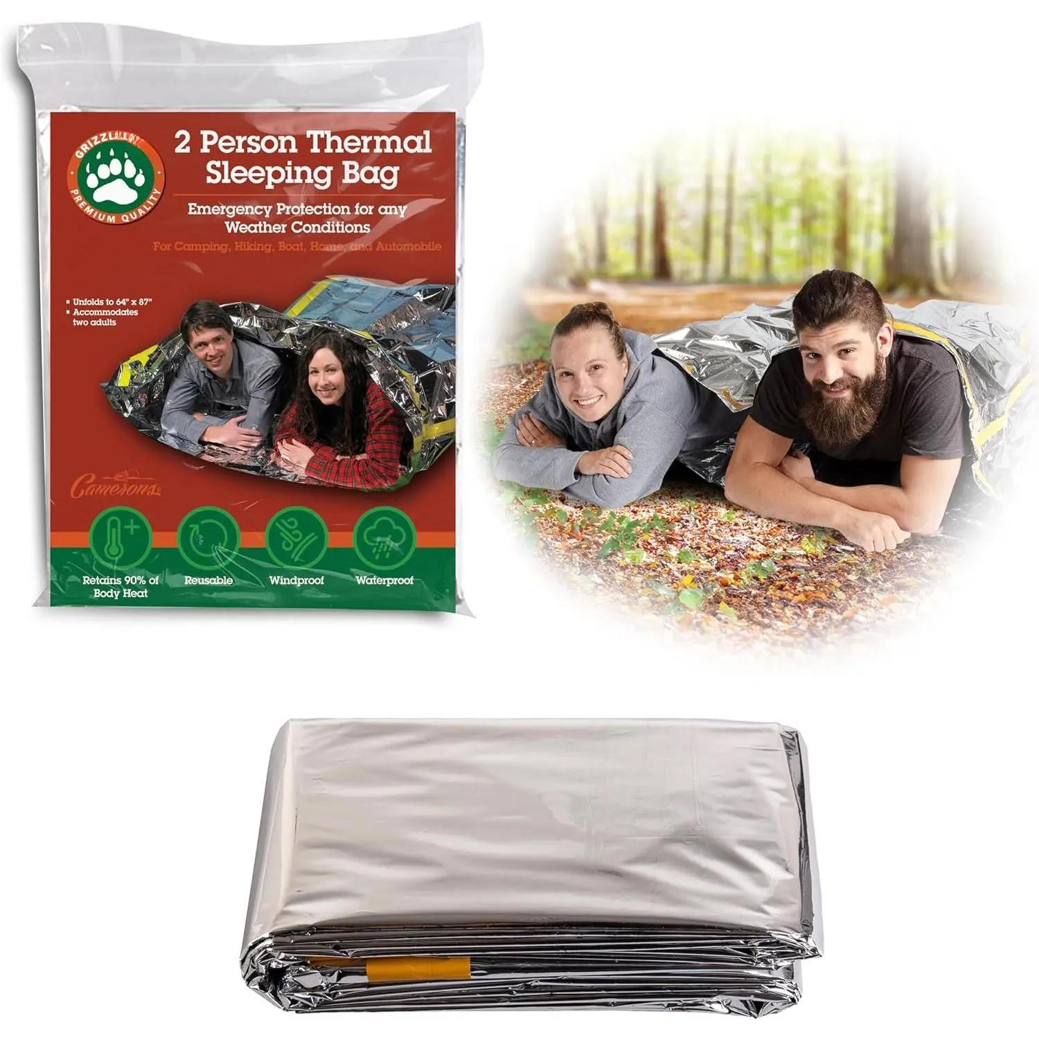 Thermal Mylar 2 Person Sleeping Bags- 1 Pack -Ultra Compact for Camping, , Disaster Bivouac Shelter- Pocket Sized, 7.25ft x 5.25ft - Retains 90% of  Heat and Repels Wind & Water