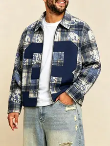 Men's Long Sleeve Casual Jacket, Blue Plaid Print Zipper Lapel Loose Fit, Large Size Number 3 Color Block Patchwork, Vintage Flannel Street Style Outerwear