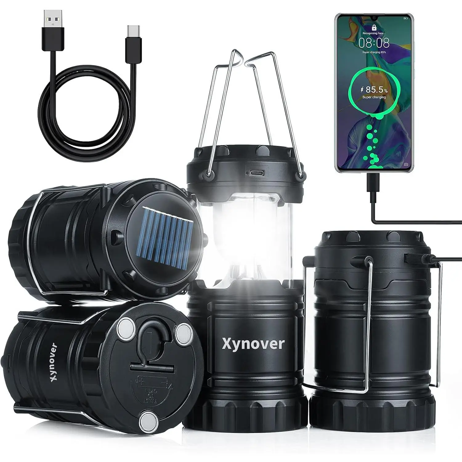 4-Pack Collapsible Solar Camping Lanterns, Rechargeable LED Lights with 3 Power Modes (USB, Solar, AA Battery), Waterproof, Magnetic Base, Portable with Adjustable Brightness for Emergency Lighting & Hiking, Compact