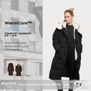 【Last Sale】PUFFIT WarmCore Premium Classic Hooded Long Puffer Coat Women Long Ladies Quilted Outerwear Jacket Big Pocket, Water Repellent  Winter Warm Basic Long Sleeve Tops Coat