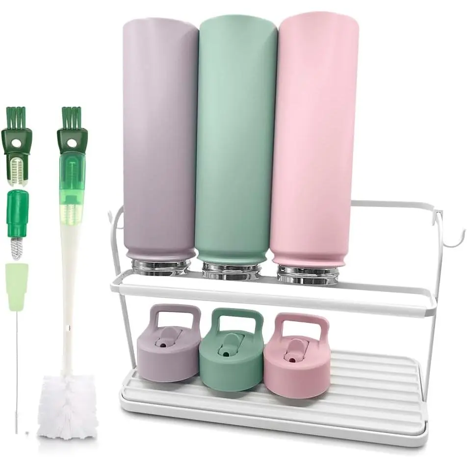 Cup Drying Rack for Counter, Water Bottle Drying Rack for Kitchen Counter, 2-Tier Tumbler, Mug and Glass Drying Rack with Drain Tray and 5-in-1 Cleaning Brush