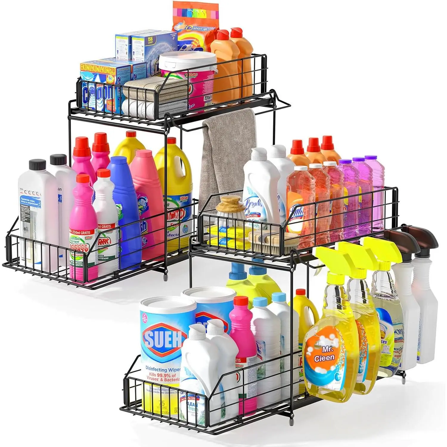 Under Sink Organizers and Storage, 2 Pack| 2 Tier Metal, Hanging Rail, Kitchen Bathroom Cabinet Organizer