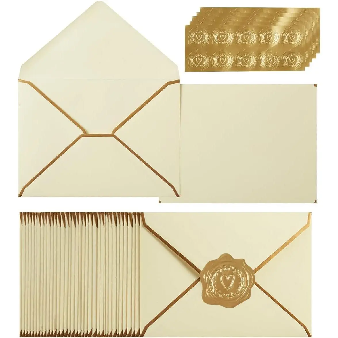 100 Pack A7 Envelopes 5x7 Cream with Gold Border and Gold Stickers for Wedding Invitations, Gift Cards, Graduation, Baby ShowerGift